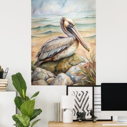 Pelican op het strand poster (Thuiskantoor)