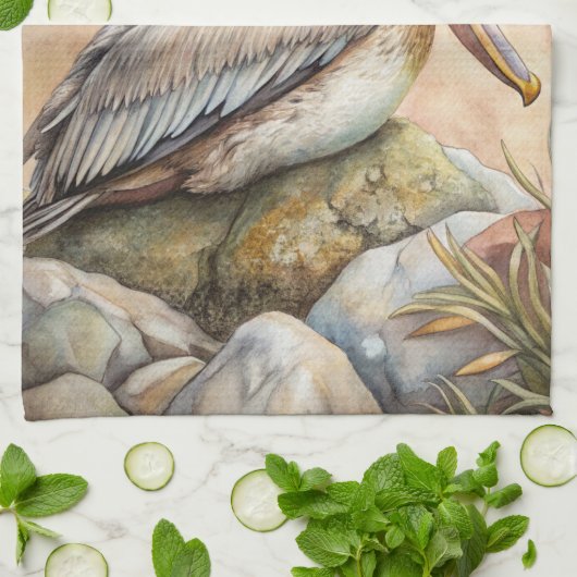 Pelican op het strand theedoek (Gevouwen)