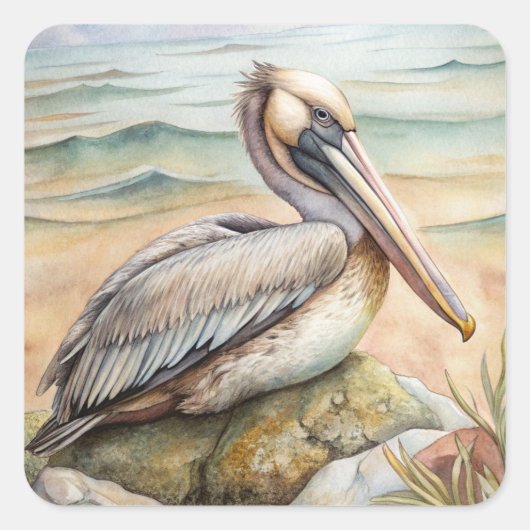 Pelican op het strand vierkante sticker (Voorkant)