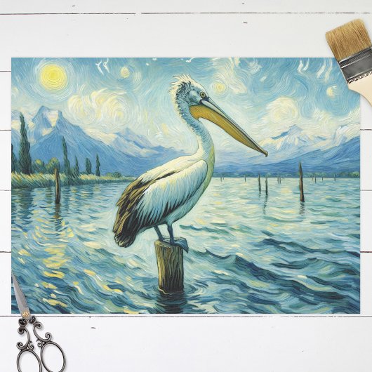 Pelican Perched Over Water Schilderij Decoupage Tissuepapier
