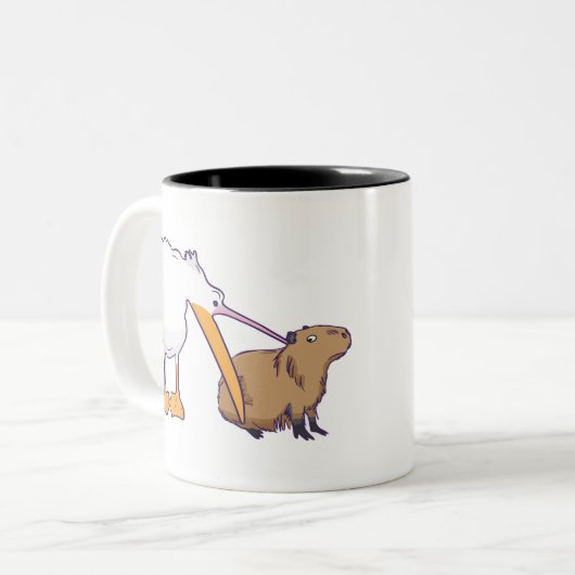 Pelican Tries to Eat Capybara Funny Cute Kawaii Tweekleurige Koffiemok (Voorkant links)
