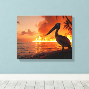Pelican Watching Coastal Inferno Canvas Afdruk