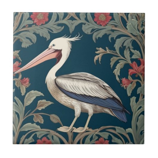 Pelican William Morris stijl Links Zee Marine Bird Tegeltje (Voorkant)
