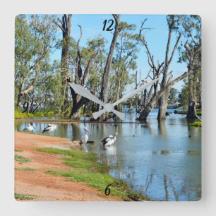 Pelicans Sunbaking River Murray, Wall Clock Vierkante Klok