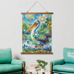 Pelikaan in Wonderland Bloemen Groen Blauw Geel Hangend Wandkleed