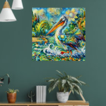 Pelikaan in Wonderland Bloemen Groen Blauw Geel