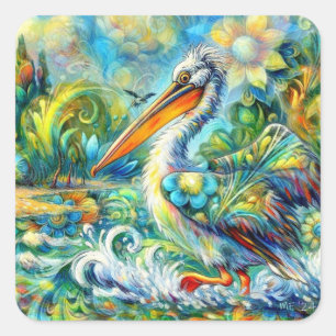 Pelikaan in Wonderland Bloemen Groen Blauw Geel Vierkante Sticker