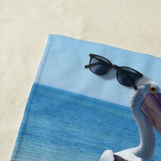 Pelikaan neergestreken op een strandrots, strandlaken (In situ)