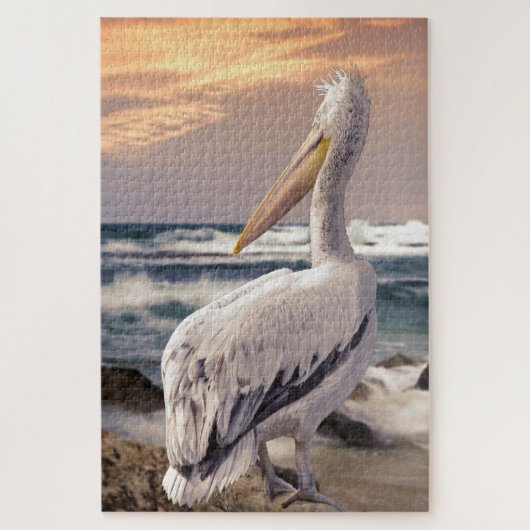 Pelikaan Oceaan Strand Golven Zonsondergang Legpuzzel (Verticaal)
