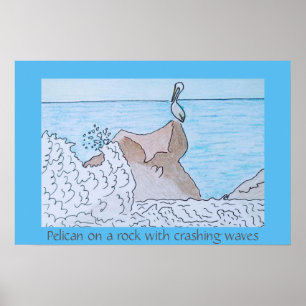 Pelikaan op een rots met golven die breken poster