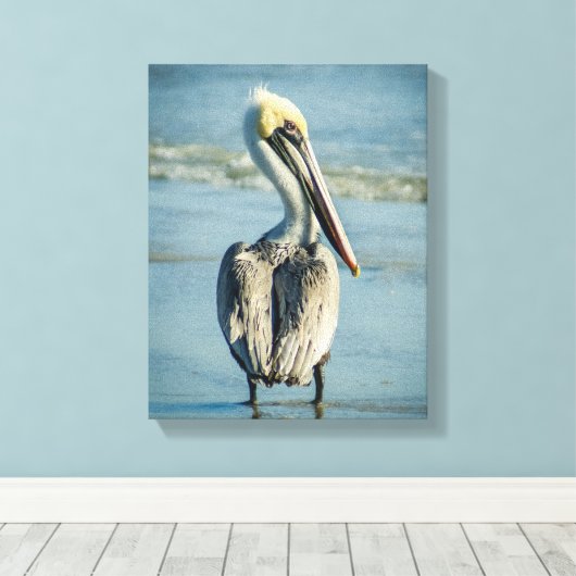 Pelikaan op een strand van Florida Canvas Afdruk (Insitu (Houten vloer))