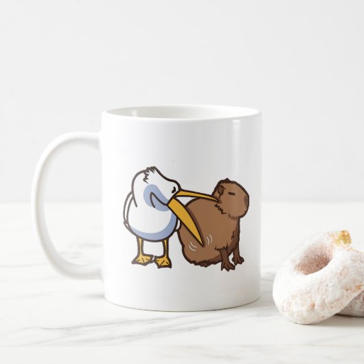 Pelikaan probeert Capybara Funny Meme te eten Koffiemok (Met donut)