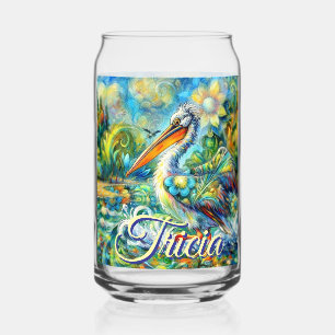 Pelikaanvogel in Wonderland Bloemen gepersonalisee Blikvorm Glas