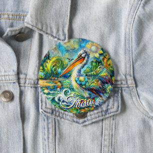 Pelikaanvogel in Wonderland Bloemen gepersonalisee Ronde Button 4,0 Cm