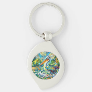 Pelikaanvogel in Wonderland Bloemen gepersonalisee Sleutelhanger