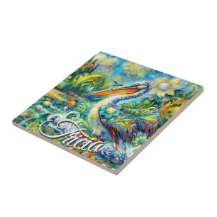 Pelikaanvogel in Wonderland Bloemen gepersonalisee Tegeltje