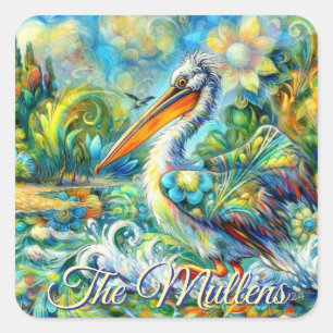 Pelikaanvogel in Wonderland Bloemen gepersonalisee Vierkante Sticker