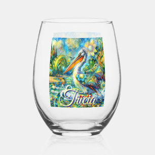 Pelikaanvogel in Wonderland Bloemen gepersonalisee Wijnglas Zonder Voet