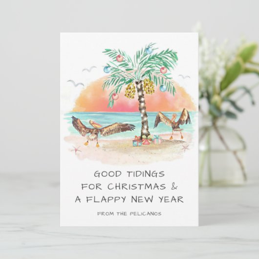 Pelikanen & Palm tropisch strand Kustkerst Feestdagenkaart (Staand voorkant)