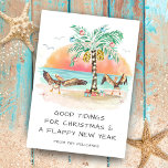 Pelikanen & Palm tropisch strand Kustkerst Feestdagenkaart<br><div class="desc">Kustkerstkaart bevat twee pelikaanse zeeen die hun vleugels vol vreugde in de gaten houden en een palmboom met kerstbomen en cadeaus op het strand zien. Op de groet staat: "Goede tijden voor Kerstmis en een luiend nieuwjaar". De groet en de naam kunnen worden gepersonaliseerd. prettige feestdagen! Kunst op KL Stock....</div>