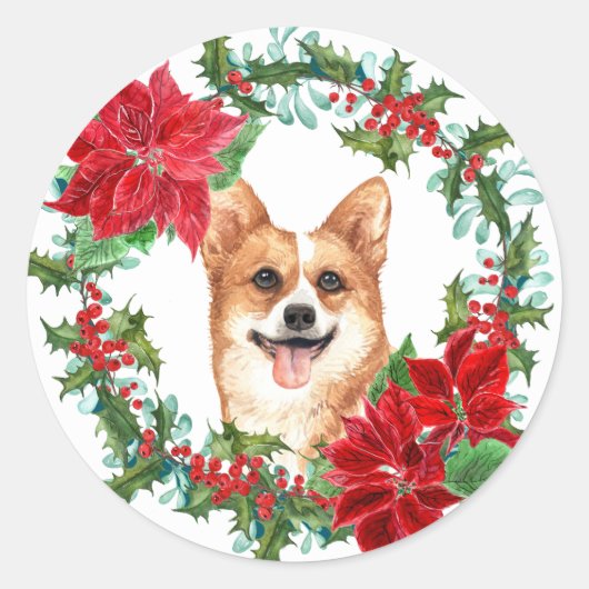 Pembroke Corgi Poinsettia Holly vakantiekrans Ronde Sticker (Voorkant)