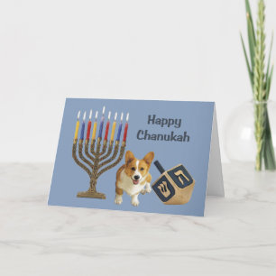 Pembroke Welsh Corgi Chanukah Card Menorah Dreidel Feestdagen Kaart