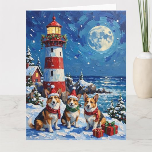 Pembroke Welsh Corgi Christmas Lighthouse Holiday Kaart (Voorkant)