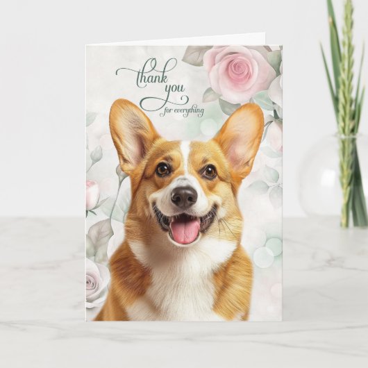 Pembroke Welsh Corgi Dog and Pink Roses Bedankkaart (Voorkant)