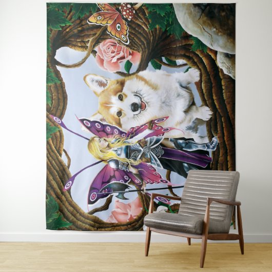 Pembroke Welsh Corgi Fairy Fantasy Wandkleed (In situ)