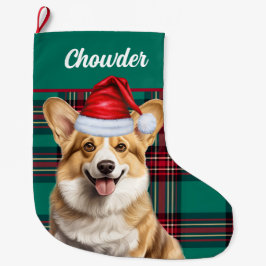 Pembroke Welsh Corgi Green Plaid en Honden Naam Grote Kerstsok