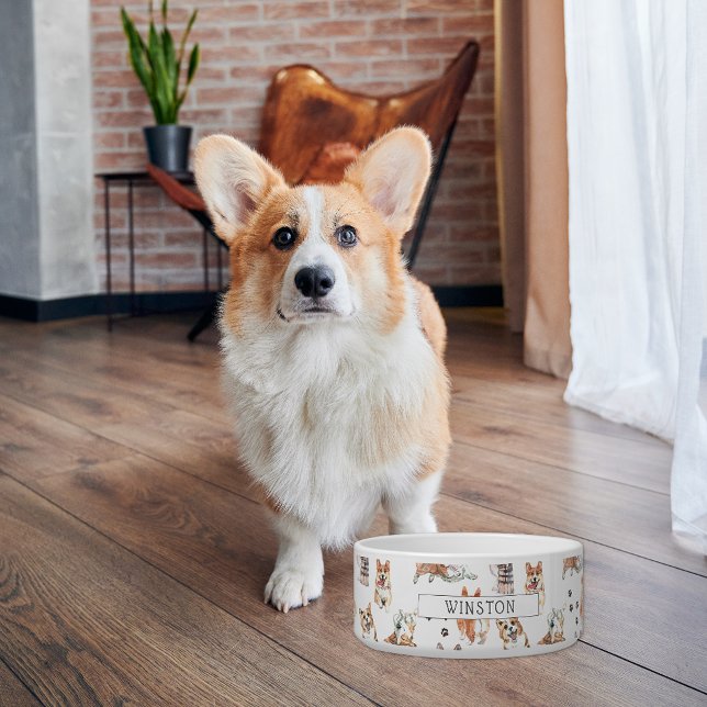 Pembroke Welsh Corgi Hond Aquarel | Monogram Voerbakje (Creator heeft geüpload)