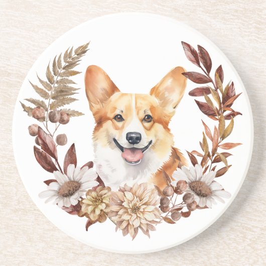 Pembroke Welsh Corgi Hond Herfstkrans Zandsteen Onderzetter (Voorkant)