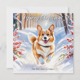 Pembroke Welsh Corgi hond in de sneeuw Kerstmis Feestdagenkaart