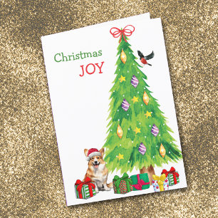 Pembroke Welsh Corgi Hond, Vogel en Kerstboom Feestdagen Kaart
