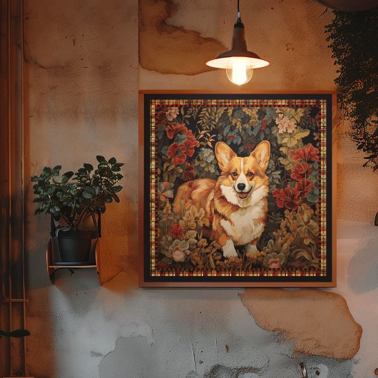 Pembroke Welsh Corgi in een Victoriaans bloementui Poster
