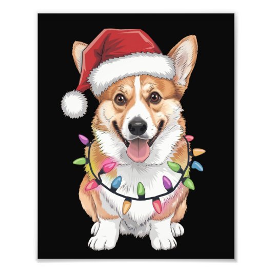 Pembroke Welsh Corgi Kerstboom Lichten Foto Afdruk (Voorkant)