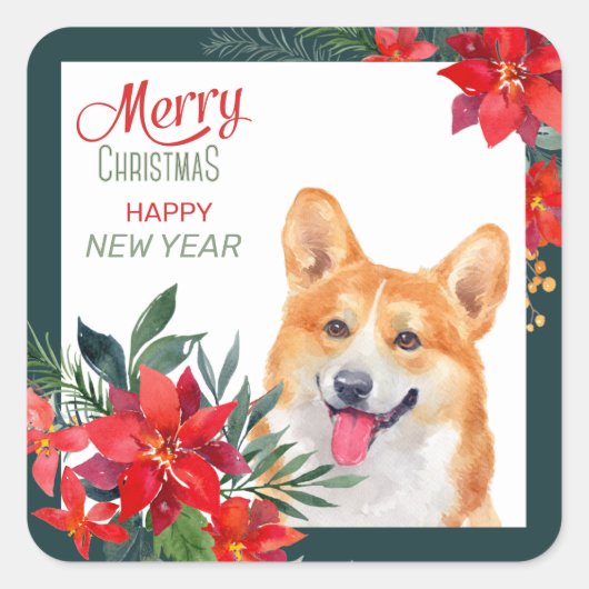 Pembroke Welsh Corgi Poinsettia Bouquet Kerstmis  Vierkante Sticker (Voorkant)