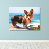 Pembroke Welsh Corgi puppy standing on table Canvas Afdruk (Insitu (Houten vloer))