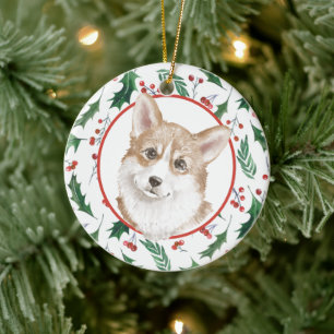 Pembroke Welsh Corgi Red Berry Holly Border Keramisch Ornament