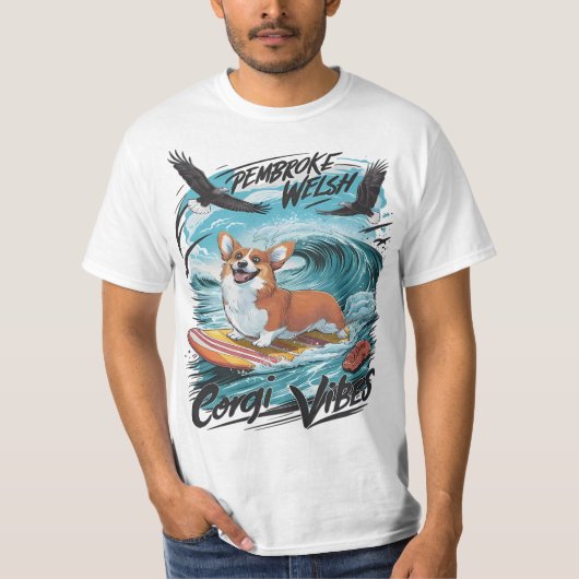 Pembroke Welsh Corgi Surfing The Wave Rider T-shirt (Voorkant)
