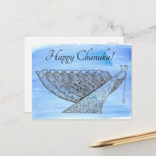  Pen en Inkt Chanoeka Menorah op Blauw Briefkaart