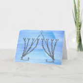 Pen en Inkt Fancy Chanukah Menorah op blauw veld Feestdagen Kaart (Voorkant)