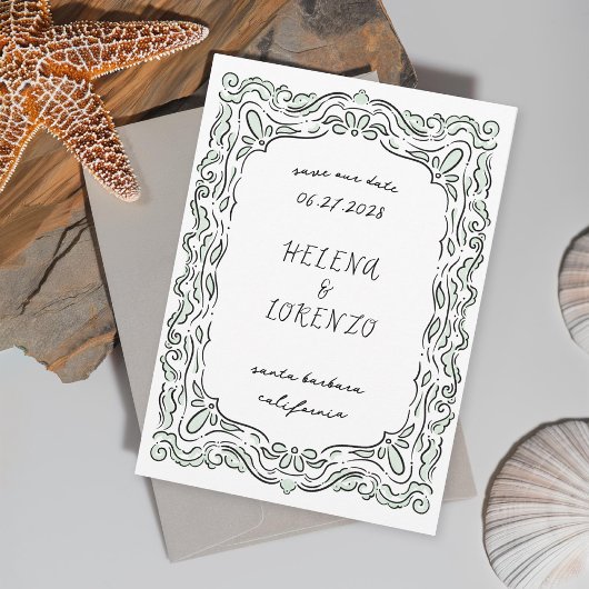 Pen en Inkt Losse Tekening Zeeschuim Groen Save The Date