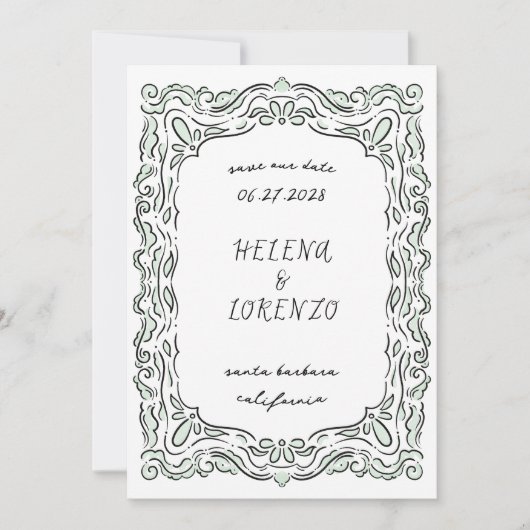 Pen en Inkt Losse Tekening Zeeschuim Groen Save The Date (Voorkant)