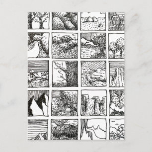 Pen en inkt tekening landschap vierkant ontwerp briefkaart