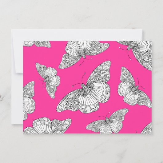 Pen en Inkt Vlinder Patroon Hot Pink Achtergrond Bedankkaart (Achterkant)