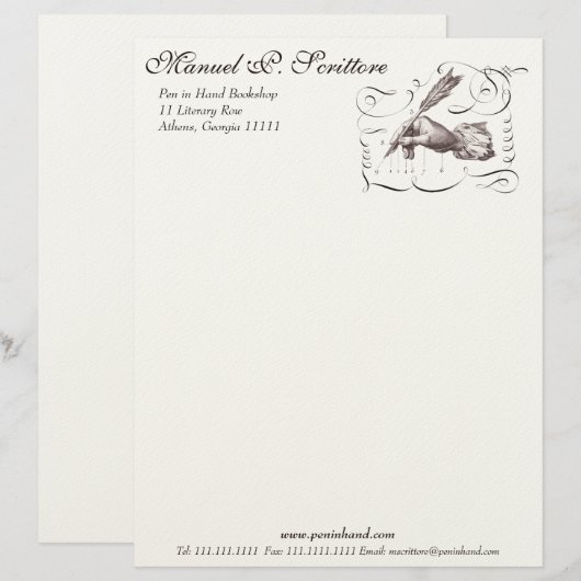 Pen in handschrift voor schrijver, bibliotheek, au gepersonaliseerd briefhoofd (Voorkant / Achterkant)