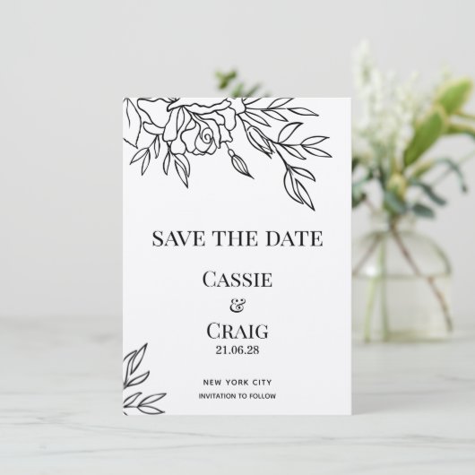 Pen & Ink Roos bruiloft Bewaar de datum Kaart (Staand voorkant)