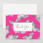 Pen & Ink Vlinder Patroon Hete Roze Achtergrond Bedankkaart (Voorkant / Achterkant)