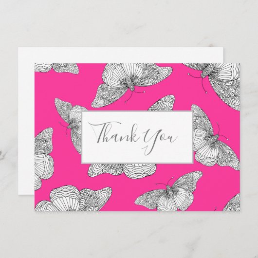 Pen & Ink Vlinder Patroon Hete Roze Achtergrond Bedankkaart (Voorkant / Achterkant)